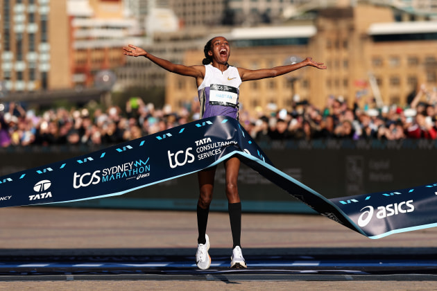 2025 Sydney Marathon - Sifan Hassan of the Netherlands celebrates winning. Photo (Getty supplied): Cameron Spencer