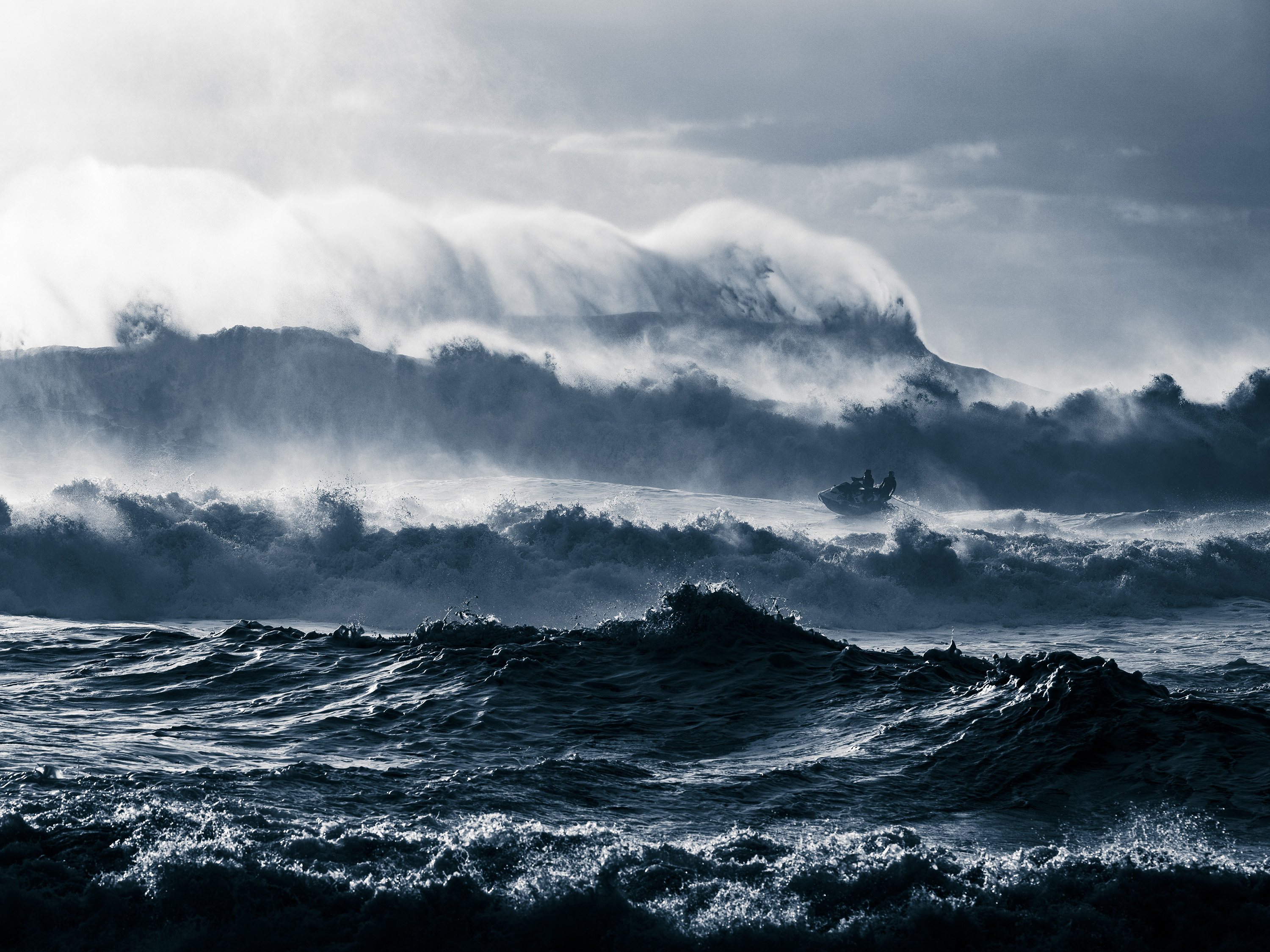 Ben Thouard, Portugal – Ocean adventure, winnerA rough Nazaré day. “The wind came from the north which made the surf tricky,” says Thouard. “Not many surfers went out and it was hard to shoot anything because of the big sets but eventually, this moment occurred”. Image: Underwater Photographer of the Year