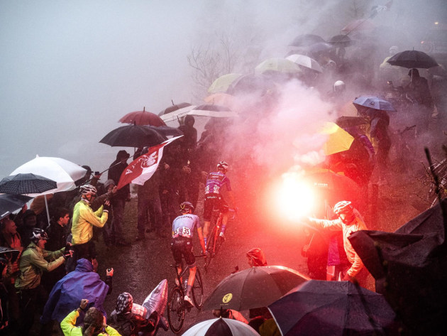 As a cycling photographer you need to be prepared for all weather conditions. Soaking rain and freezing conditions on Mortirolo Pass during the Giro d&rsquo;Italia. Fortunately, the OM System has good weather sealing. I don&rsquo;t use waterproof covers but keep a chamois or microfibre cloth handy to dry my gear. Image: Marcus Enno