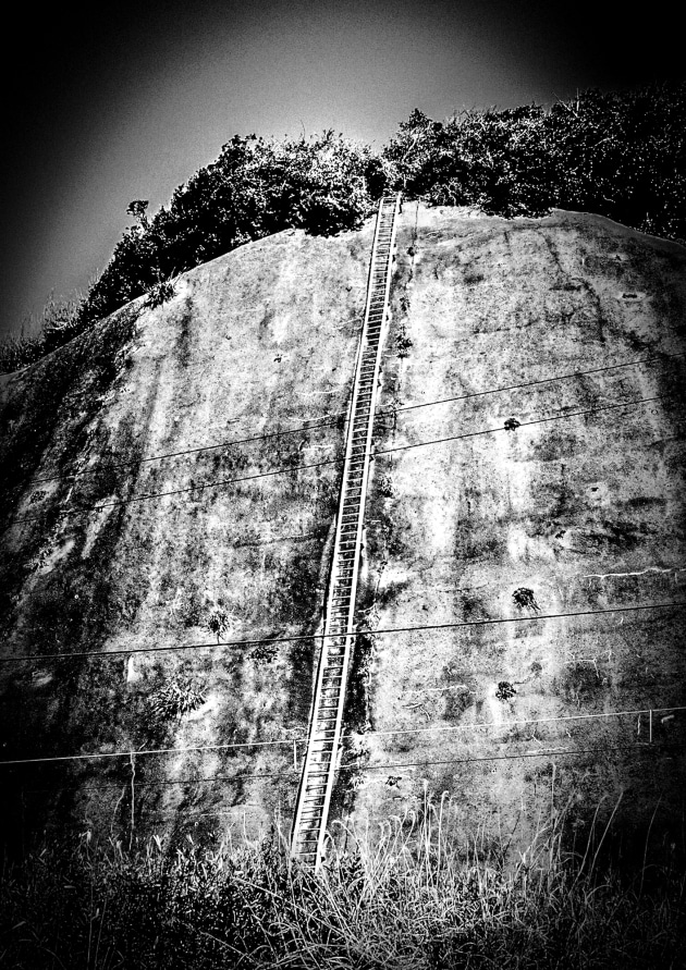 ESCAPE LADDER, CHIBA: The highest point in the town is signposted in case of Tsunami, A ladder traverses its face as a potential means of escape. Image Meg Hewitt