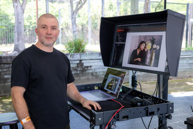 Nic at work with his camera cart. Having a large monitor on set, along with the ability to stream to other viewing devices, helps the team stay aligned during the selection and grading process. It also makes it easier to visualise how the final images will appear &ndash; especially if text placement needs to be considered in the composition. Photo: Tim Levy