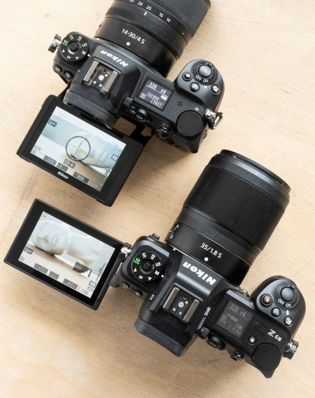 While the Nikon Z6 and Z6 II cameras have a single axis tilting LCD panel, the new Z6 III has an articulating display that you swing out before rotating it upwards, downwards or out towards the front of the camera.