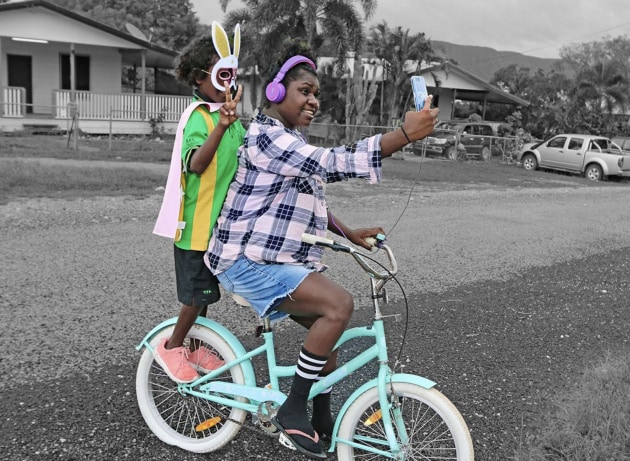 ImageL Naomi Hobson.
The good sister ‘Ms. Daley, the kindergarten teacher has a flash black bike, it’s them olden-style one. Every time I drop Erica off at kindy, I always check it out.’ Kayla2019
from the series Adolescent wonderland
pigment ink-jet print
69.2 x 104.1 cm
Museum of Australian Photography, City of Monash Collection
acquired 2021
MAPh 2021.135
courtesy of the artist and Vivien Anderson Gallery (Melbourne)